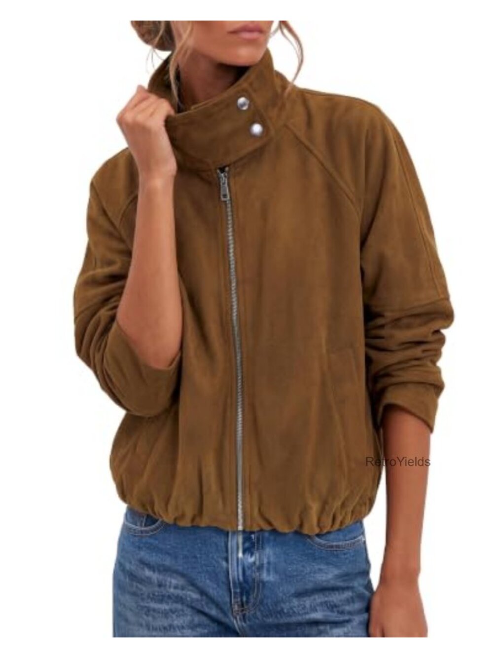 Faux Suede Cropped Funnel Neck Zip Up Jacket